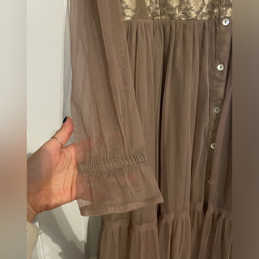 NWT Vark Gold taupe and mesh dress ruffled tiered size small - Picture 5 of 6